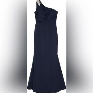 Eliza J Crystal‑Drape One‑Shoulder Gown Navy Embellished Formal Maxi 10 NWT